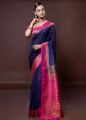 Blue Dupion Silk Saree With Blouse Piece