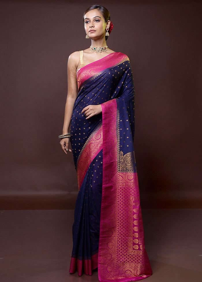 Blue Dupion Silk Saree With Blouse Piece