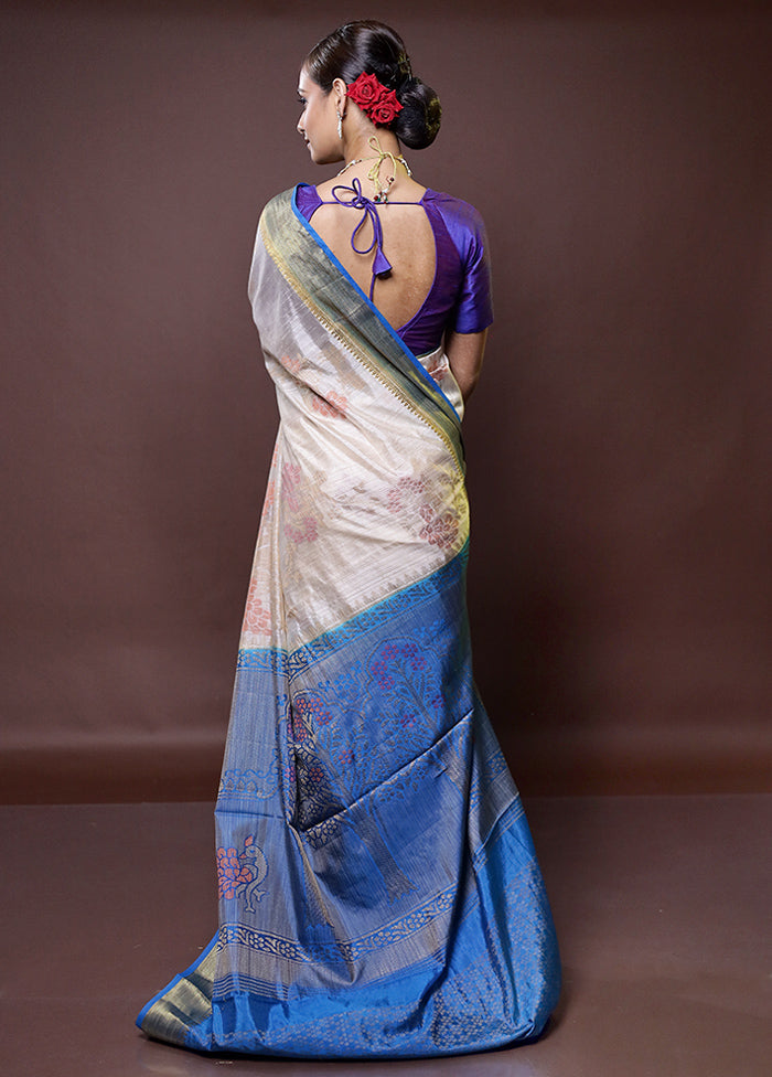 White Dupion Silk Saree With Blouse Piece