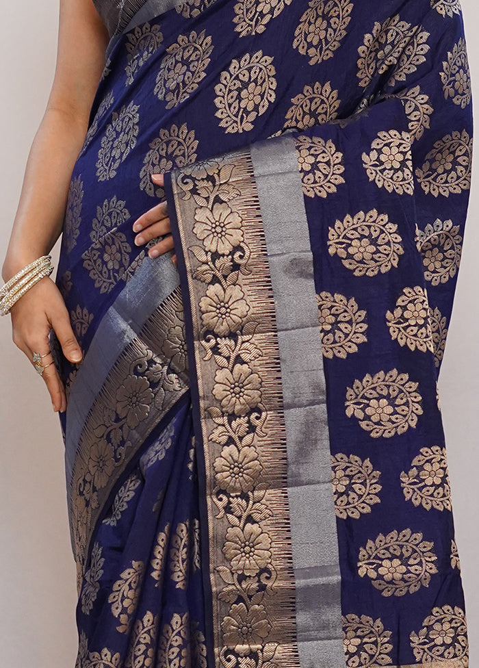 Blue Dupion Silk Saree With Blouse Piece - Indian Silk House Agencies