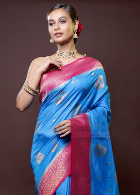 Blue Dupion Silk Saree With Blouse Piece