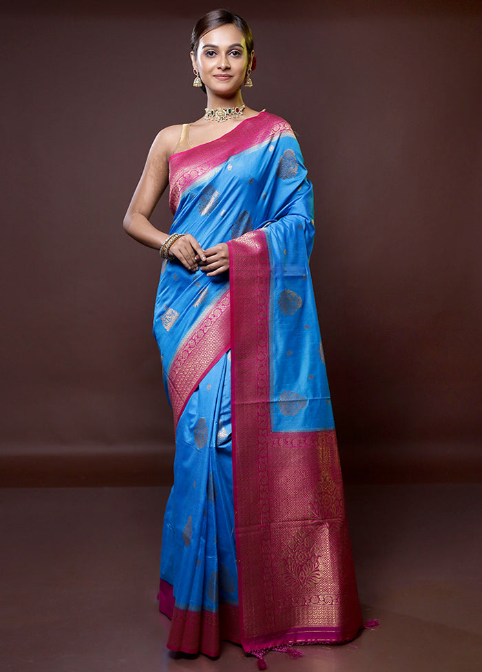 Blue Dupion Silk Saree With Blouse Piece