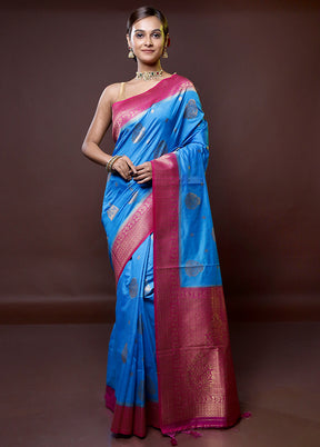 Blue Dupion Silk Saree With Blouse Piece