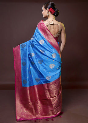 Blue Dupion Silk Saree With Blouse Piece