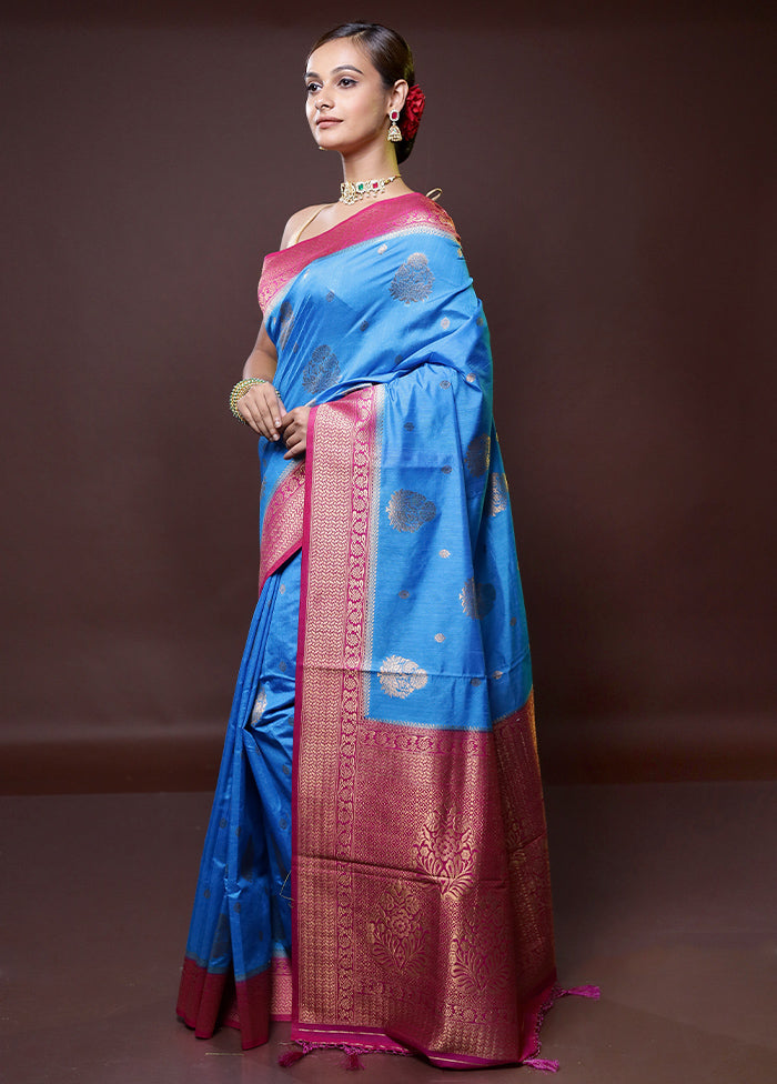 Blue Dupion Silk Saree With Blouse Piece