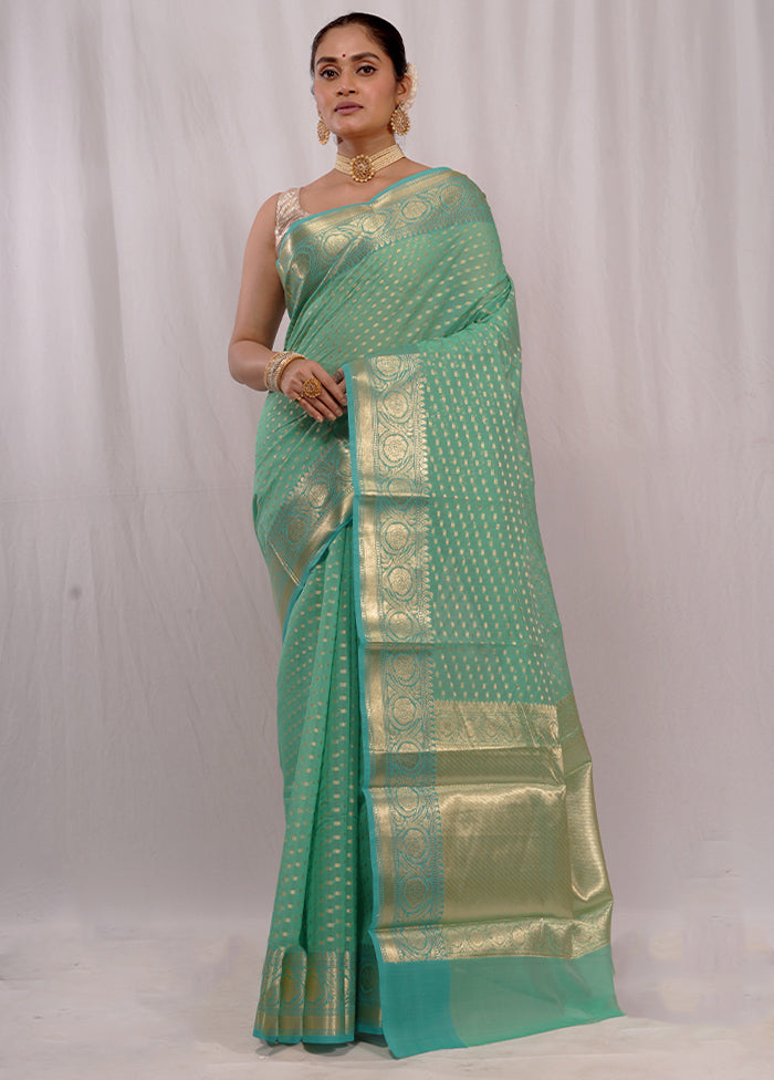 Green Cotton Saree With Blouse Piece - Indian Silk House Agencies