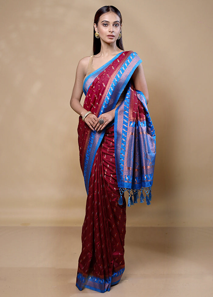 Maroon Dupion Silk Saree With Blouse Piece