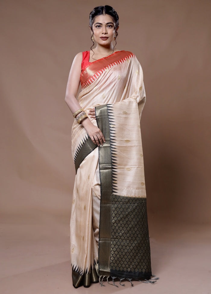 Cream Dupion Silk Saree With Blouse Piece - Indian Silk House Agencies