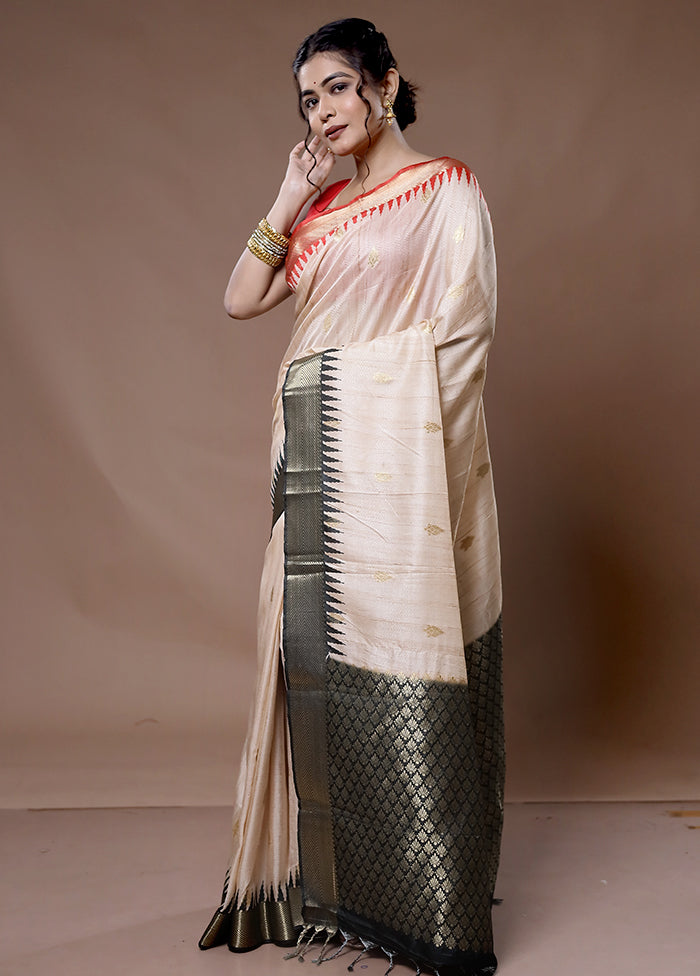 Cream Dupion Silk Saree With Blouse Piece - Indian Silk House Agencies