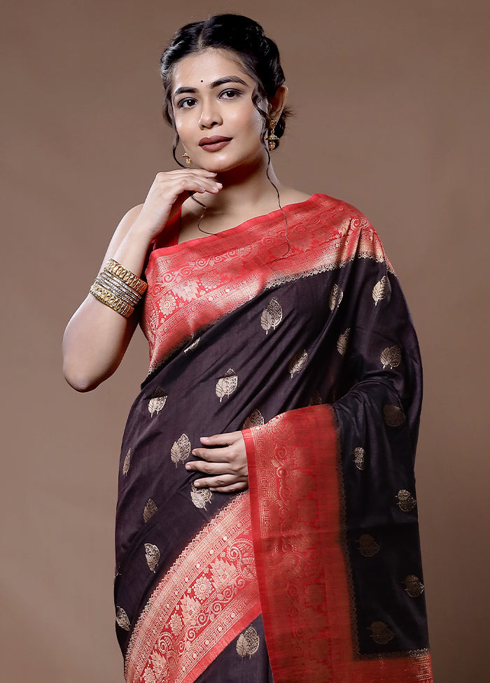 Black Dupion Silk Saree With Blouse Piece - Indian Silk House Agencies