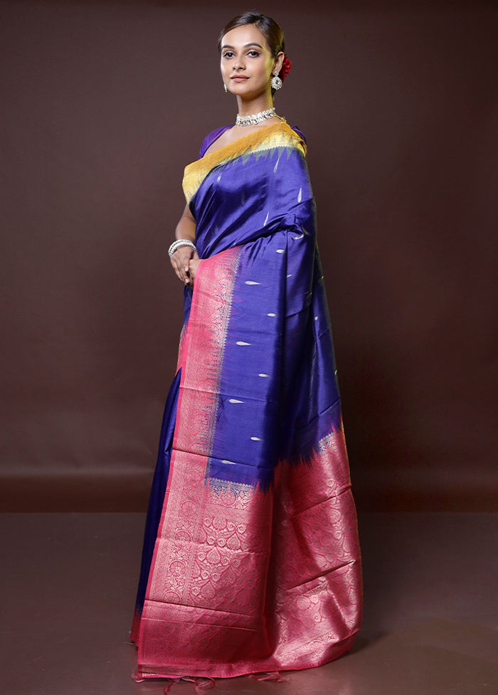 Blue Dupion Silk Saree With Blouse Piece