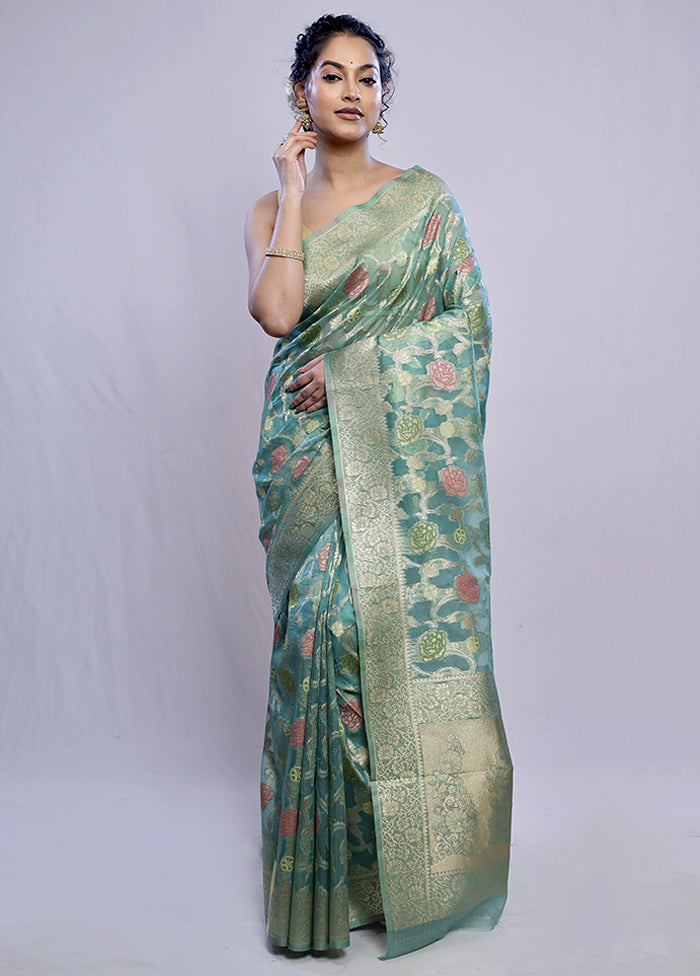 Green Organza Saree With Blouse Piece - Indian Silk House Agencies