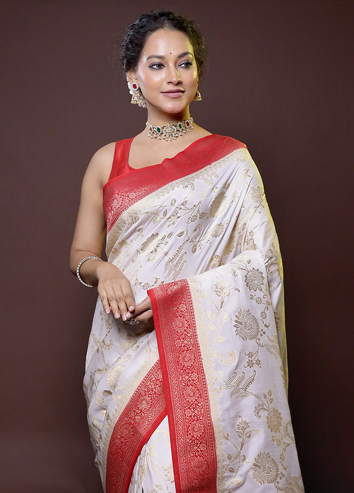 white Dupion Silk Saree With Blouse Piece