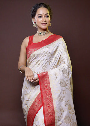 white Dupion Silk Saree With Blouse Piece