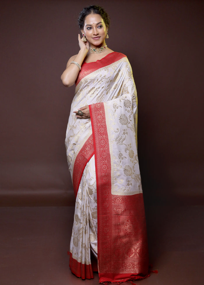 white Dupion Silk Saree With Blouse Piece