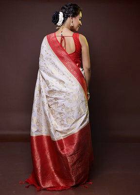 white Dupion Silk Saree With Blouse Piece