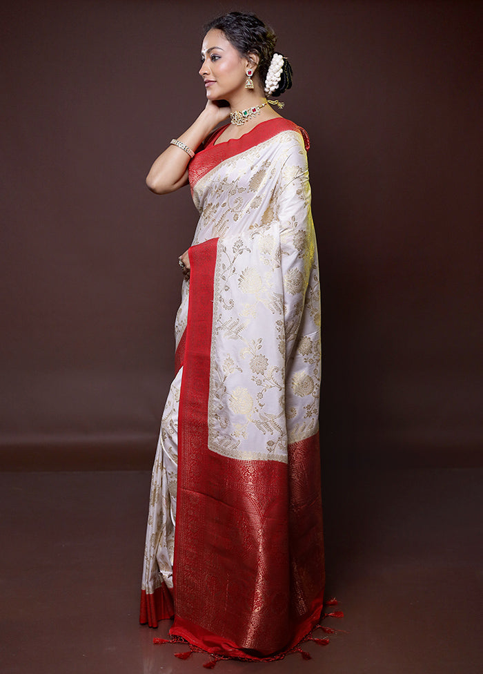 white Dupion Silk Saree With Blouse Piece