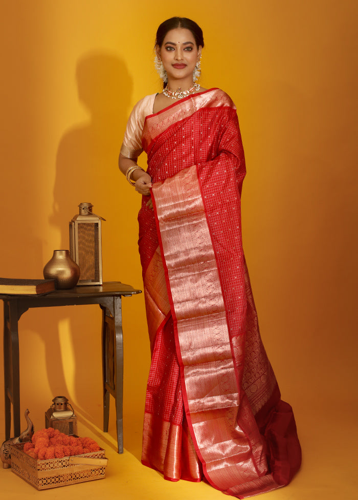 Maroon Kanjivaram Pure Silk Saree With Blouse Piece - Indian Silk House Agencies