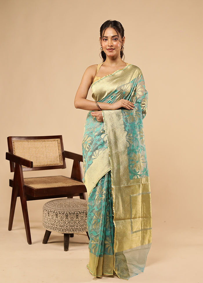 Blue Net Saree With Blouse Piece