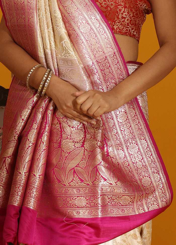 Cream Banarasi Pure Silk Saree With Blouse Piece - Indian Silk House Agencies