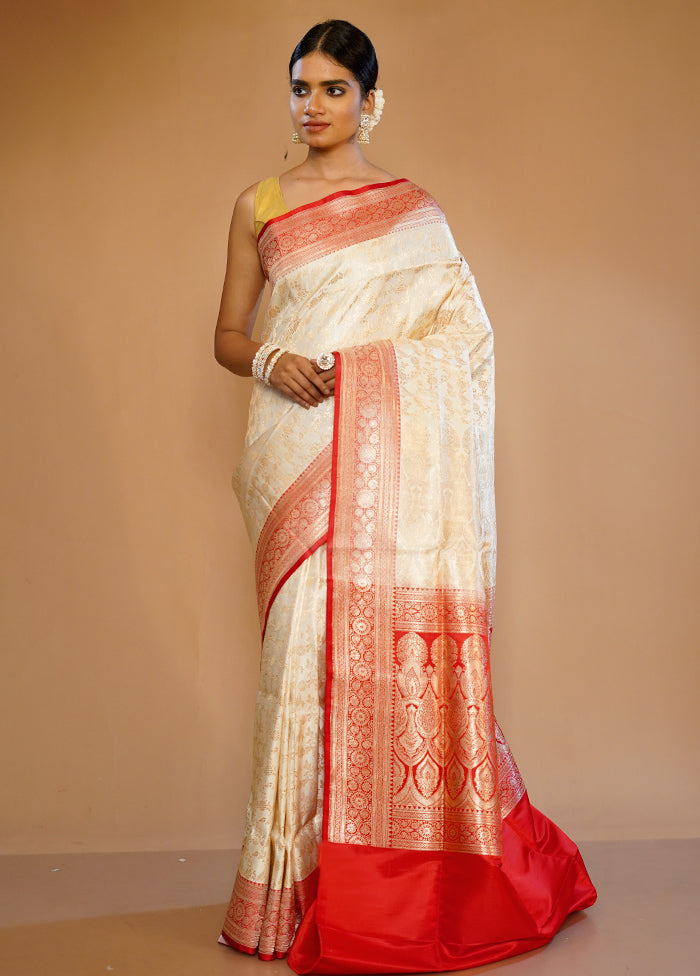 Cream Banarasi Pure Silk Saree With Blouse Piece - Indian Silk House Agencies