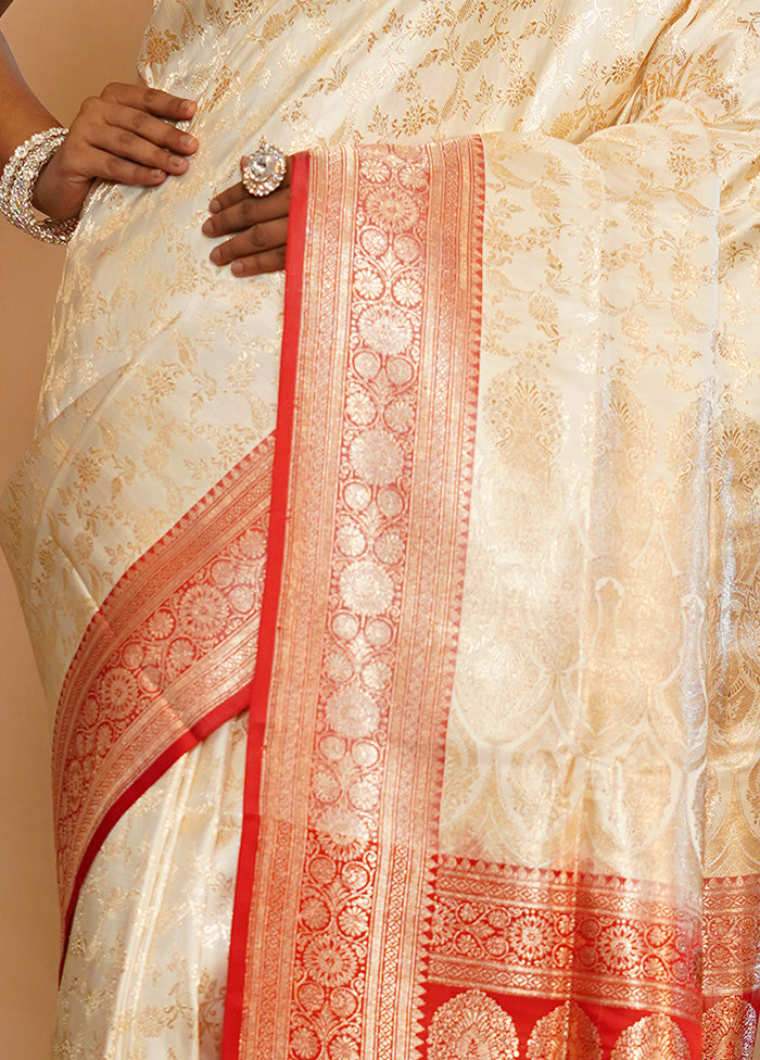 Cream Banarasi Pure Silk Saree With Blouse Piece - Indian Silk House Agencies