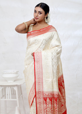 Cream Banarasi Pure Silk Saree With Blouse Piece - Indian Silk House Agencies