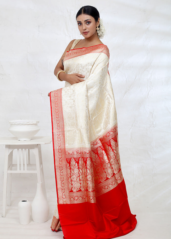 Cream Banarasi Pure Silk Saree With Blouse Piece - Indian Silk House Agencies