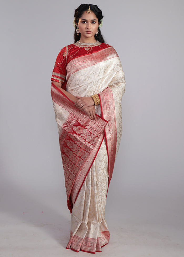 Cream Handloom Banarasi Pure Silk Saree With Blouse Piece