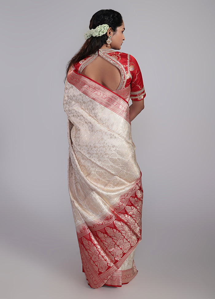 Cream Handloom Banarasi Pure Silk Saree With Blouse Piece
