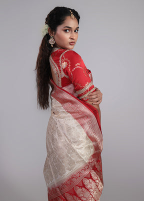 Cream Handloom Banarasi Pure Silk Saree With Blouse Piece