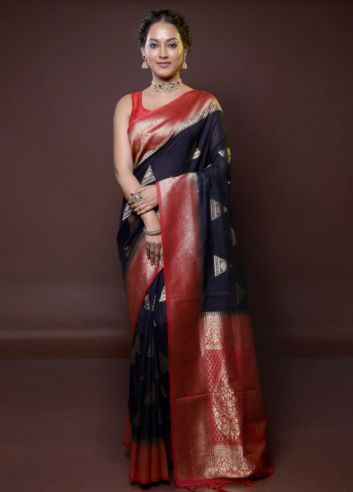 black Dupion Silk Saree With Blouse Piece