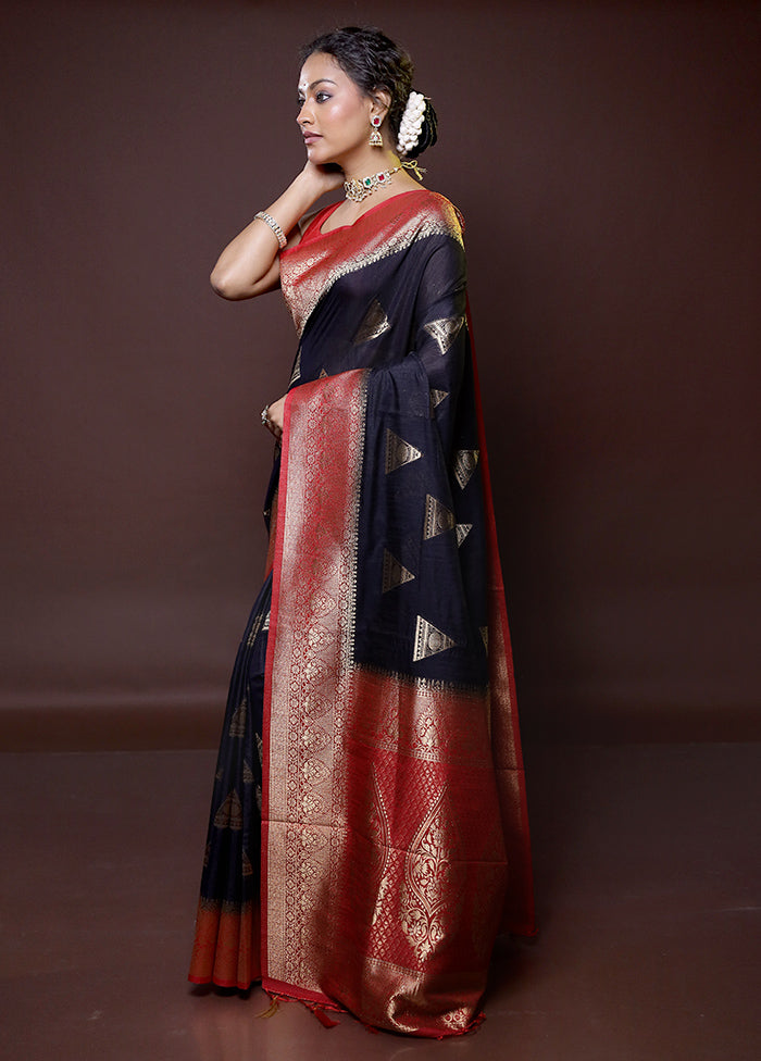 black Dupion Silk Saree With Blouse Piece