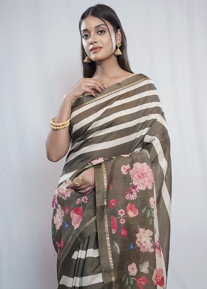 Grey Tussar Pure Silk Saree With Blouse Piece - Indian Silk House Agencies