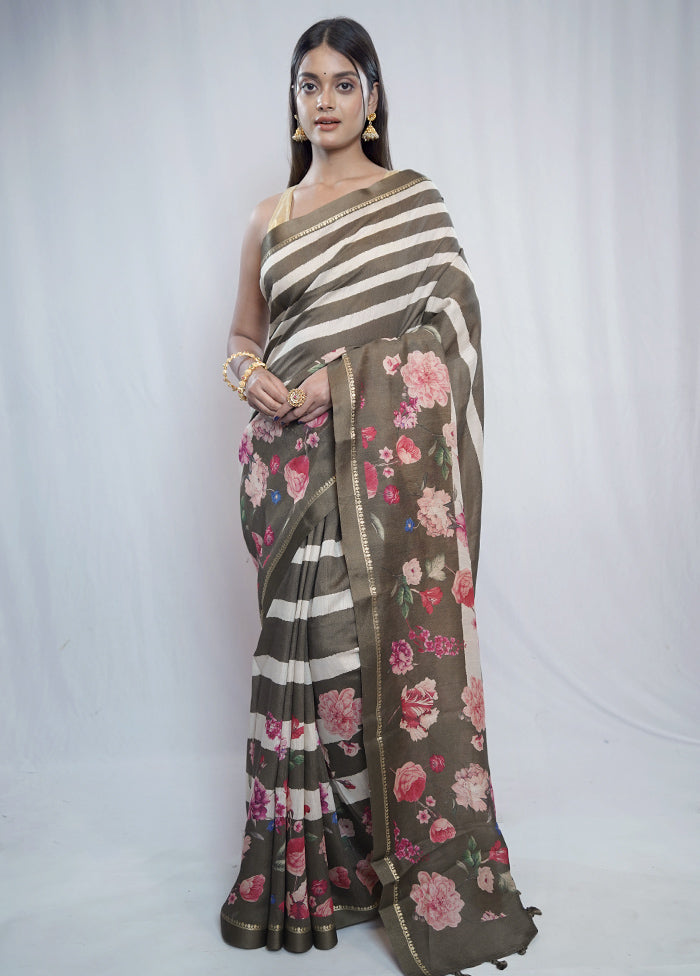 Grey Tussar Pure Silk Saree With Blouse Piece - Indian Silk House Agencies