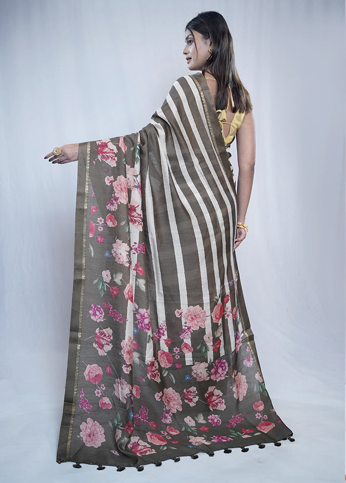 Grey Tussar Pure Silk Saree With Blouse Piece - Indian Silk House Agencies