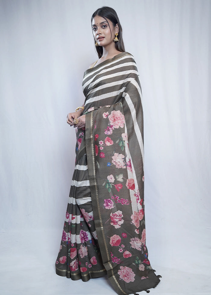 Grey Tussar Pure Silk Saree With Blouse Piece - Indian Silk House Agencies