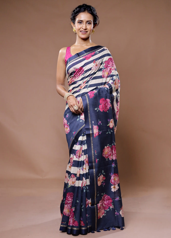 Blue Tussar Pure Silk Saree With Blouse Piece - Indian Silk House Agencies