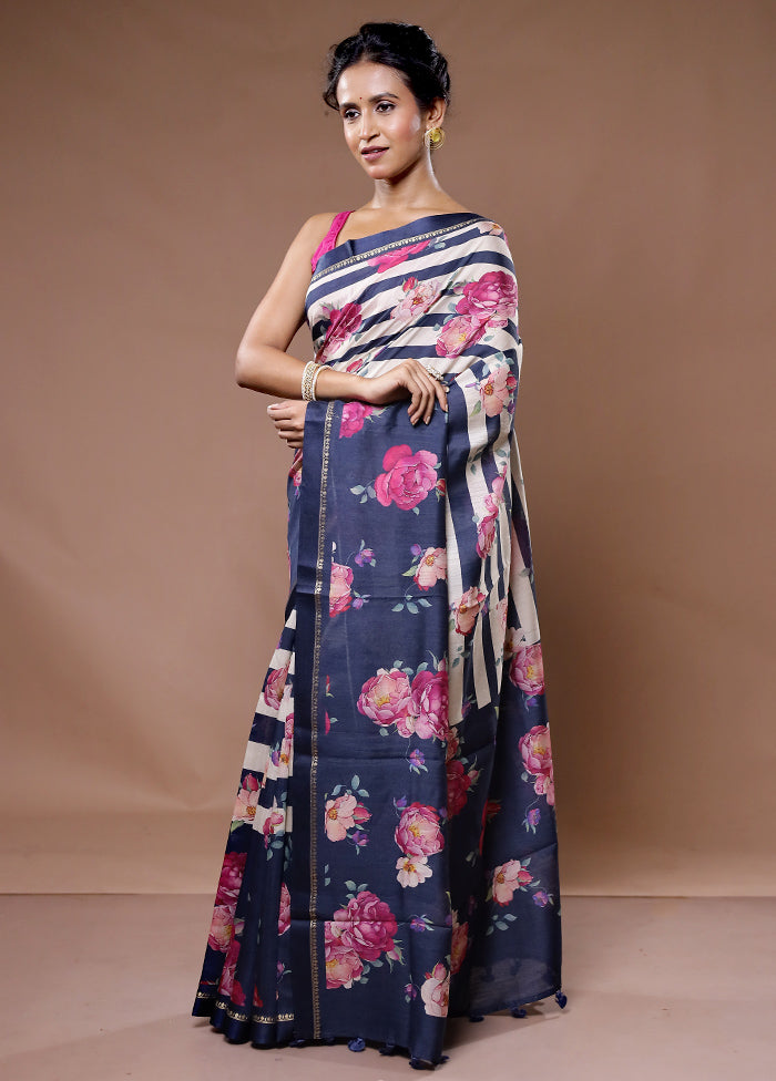 Blue Tussar Pure Silk Saree With Blouse Piece - Indian Silk House Agencies