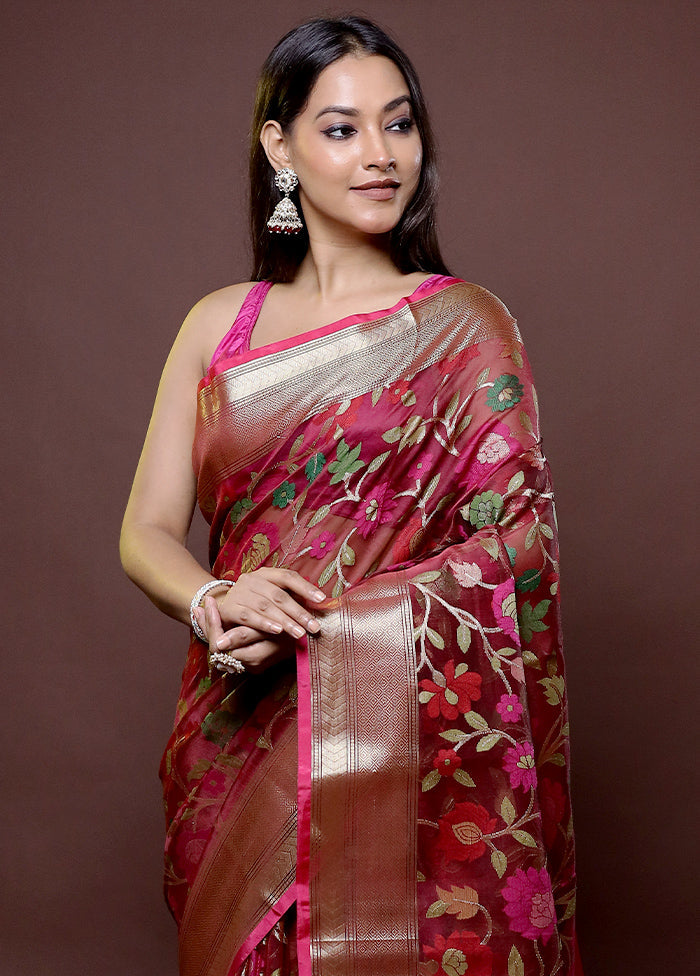 Maroon Organza Saree With Blouse Piece