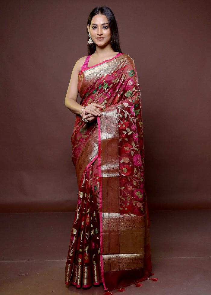 Maroon Organza Saree With Blouse Piece