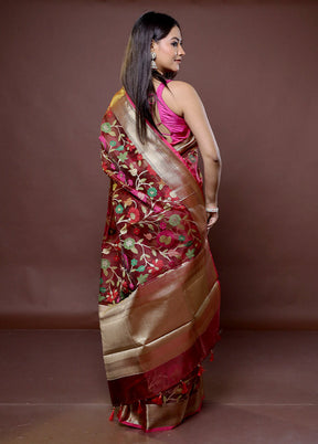 Maroon Organza Saree With Blouse Piece