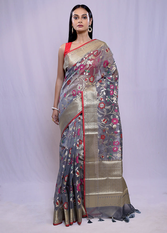 Grey Organza Saree With Blouse Piece - Indian Silk House Agencies