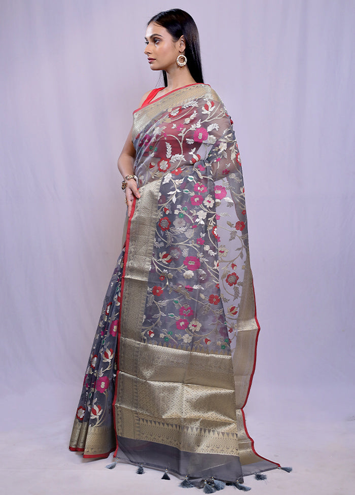 Grey Organza Saree With Blouse Piece - Indian Silk House Agencies