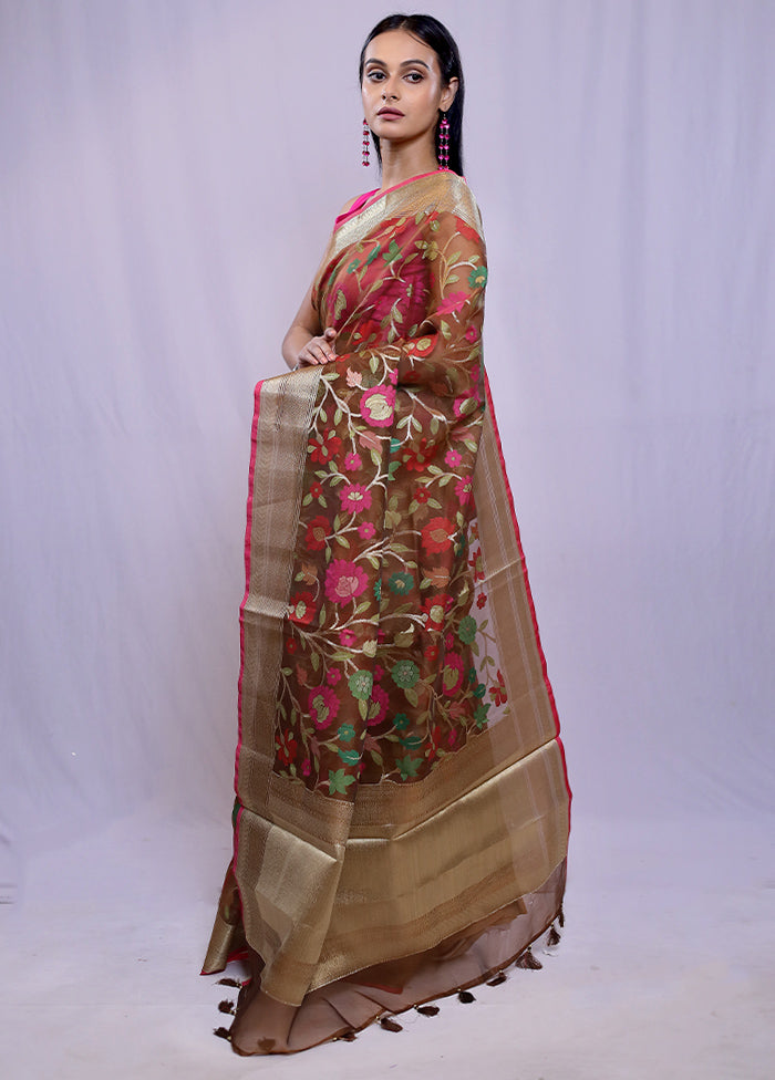 Maroon Organza Saree With Blouse Piece - Indian Silk House Agencies