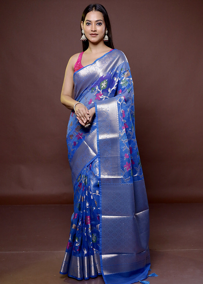 Blue Organza Saree With Blouse Piece