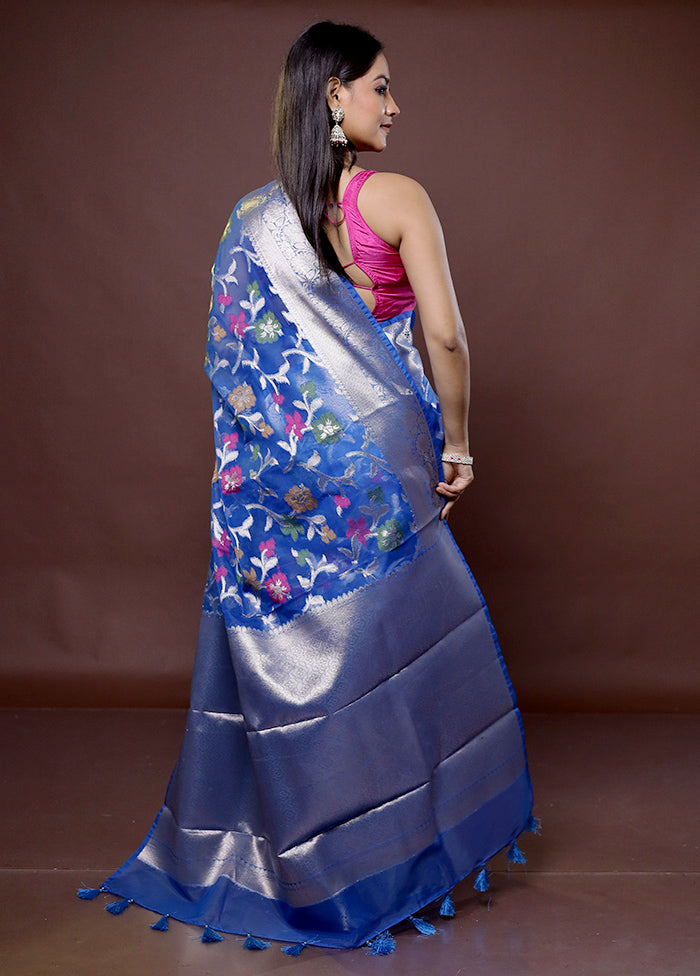 Blue Organza Saree With Blouse Piece