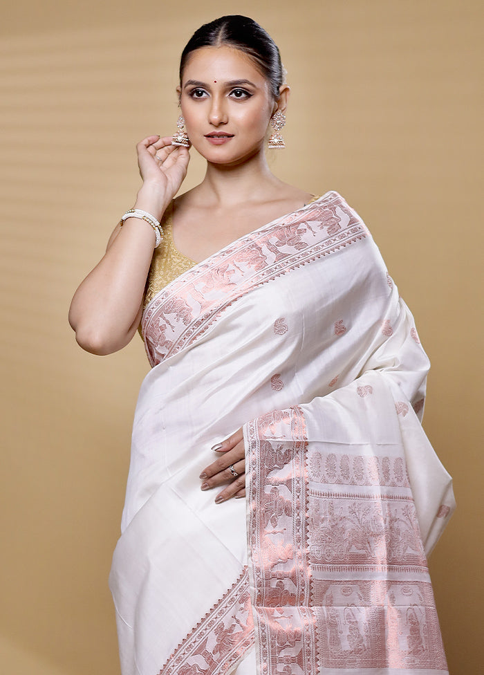 White Handloom Baluchari Pure Silk Saree With Blouse Piece