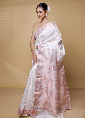 White Handloom Baluchari Pure Silk Saree With Blouse Piece