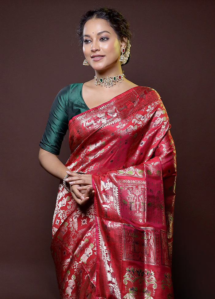 Red Handloom Baluchari Pure Silk Saree With Blouse Piece